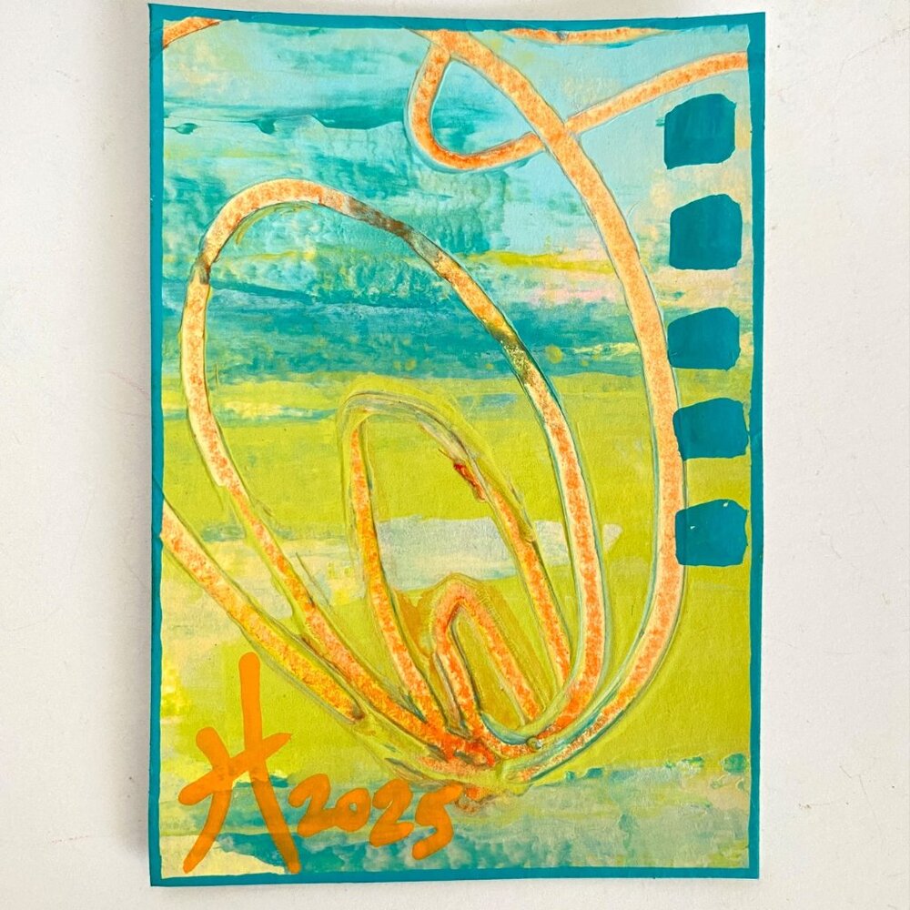 ACEO Original Acrylic Mixed Media Art Tristina Dietz Elmes ATC Orange Blue Green
